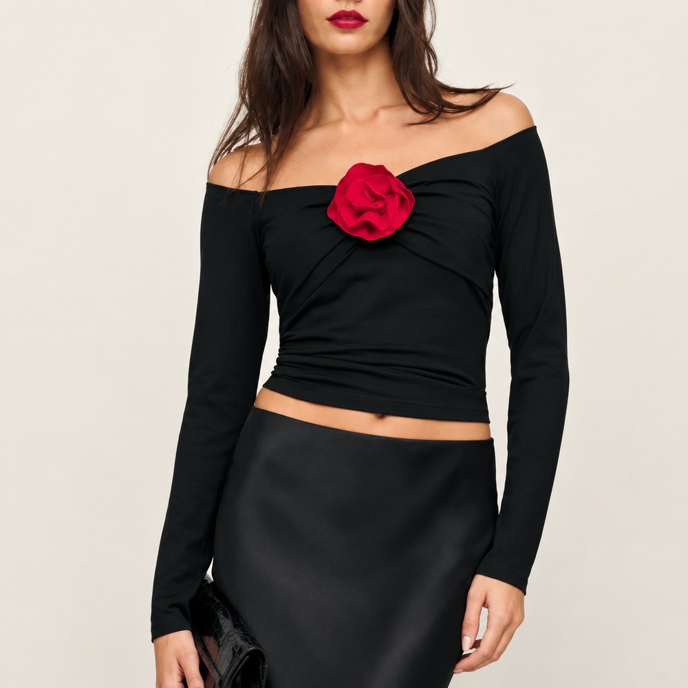 Reformation Top Shaye Knit Off Shoulder Black Red Rosette NWT Sz M Long Sleeve